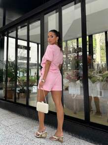 Set Of Shorts In Sweatshirt And Candy Colors Princess Sleeve Blouse - 淺粉色 - 查看 3
