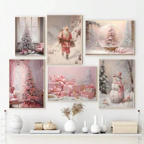 YIKES 1 pièce Père Noël Veille de Noël Privée Bonhomme de neige Cadeau de Noël Flocon de neige Rose Mode Murale Affiche Nordique Décoration de chambre Chambre de fille Suspension Tête de lit Peinture sans cadre