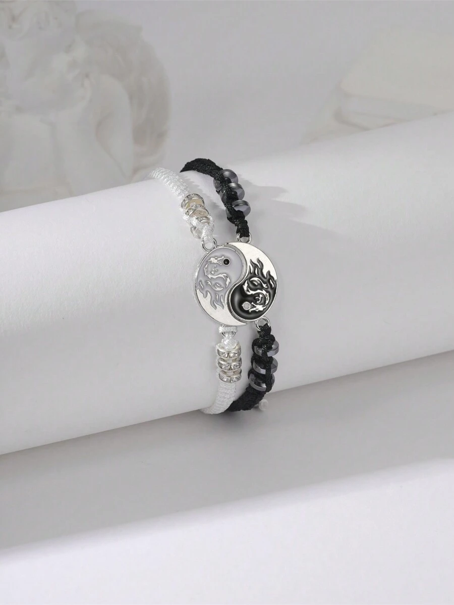 2 Miếng Thủ công Bện Cặp đôi Vòng tay Với Đen Và Trắng Yin và Yang Tai Chi Tám , Thiết kế rồng Dát Đầy Với Kim cương giả - Nhiều màu - Xem 1