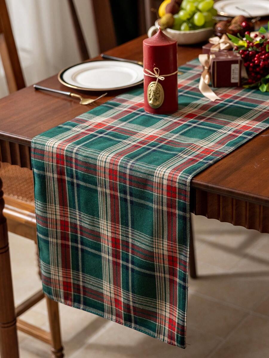 1 件格子双面桌旗，双层面料设计，适用于家居装饰、厨房、餐厅、桌面、家居饰品 - 綠色 - 查看 1