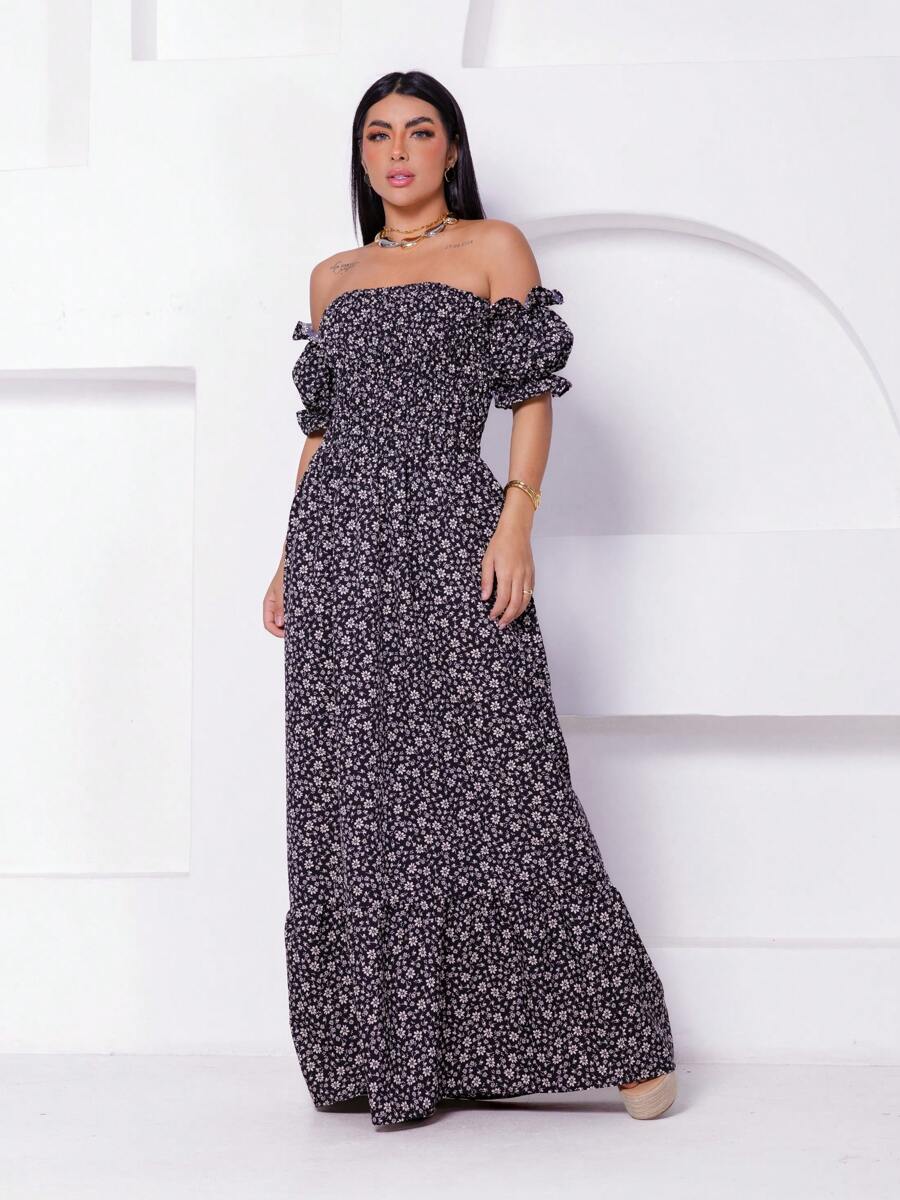 Long Dress With Puffed Sleeves And  Print - màu đen - Xem 1