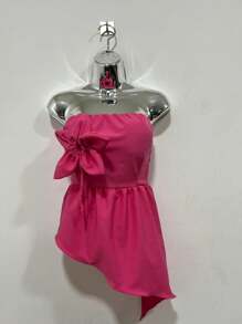 Blouse Style Crop Top With Asymmetrical Flower Detail - Hot Pink - View 1