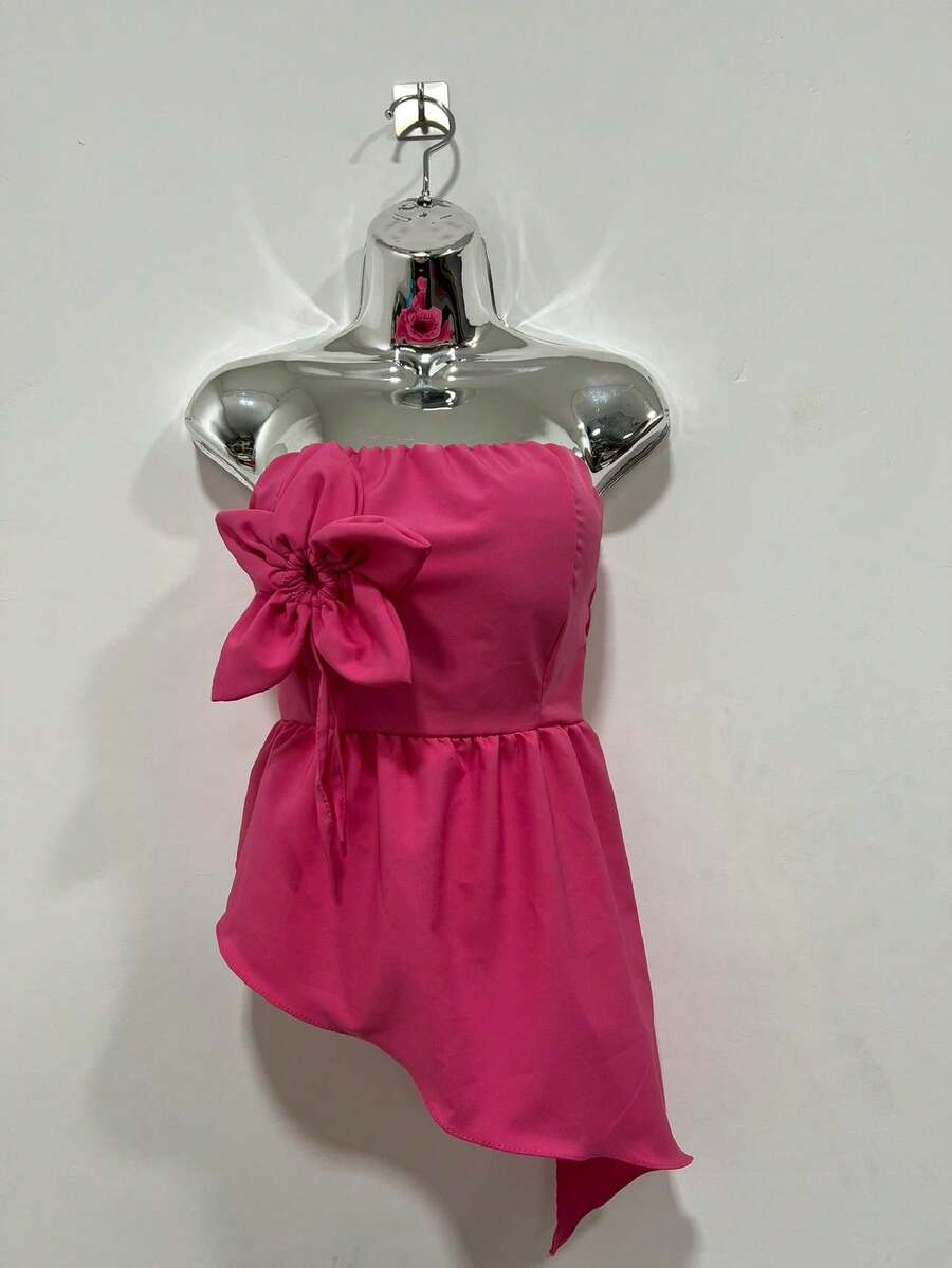 Blouse Style Crop Top With Asymmetrical Flower Detail - Hot Pink - View 1