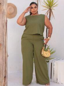 Women's Plus Size Tailored Set Blouse And Wide Leg Pants G1 G2 G3 - 墨綠色 - 查看 5