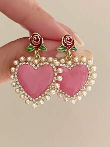 1 paire Boucles d'oreilles vintage romantiques avec perle en forme de rose et de cœur, clous d'oreilles de style français élégant haut de gamme