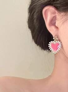 1 paire Boucles d'oreilles vintage romantiques avec perle en forme de rose et de cœur, clous d'oreilles de style français élégant haut de gamme