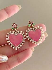 1 paire Boucles d'oreilles vintage romantiques avec perle en forme de rose et de cœur, clous d'oreilles de style français élégant haut de gamme