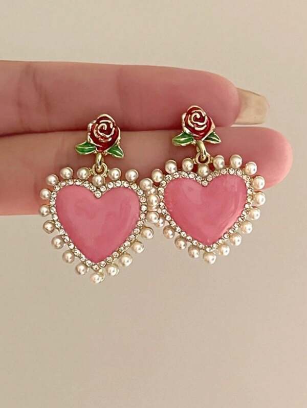 1 coppia Di Orecchini A Perno Eleganti Con Ciondolo A Cuore Di Perle Rosa Vintage E Romantico, Stile Francese Di Alta Gamma