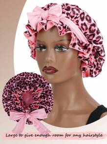 1 pieza Gorro reversible de satén forrado para mujer, gorro para dormir de unicolor suave y transpirable con estampado de leopardo de doble capa, para el cuidado del cabello, uso cómodo para todos los días