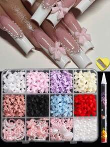 500PCS 3D Nail Decoration And Peace Bottom Pearl, A Variety Of Style Resin Bow Accessories Pink And White Star -Shaped Heart -Shaped Flat -Back Pearl Style Mixed, Used For Manual DIY Art Decoration - 彩色 - 查看 2