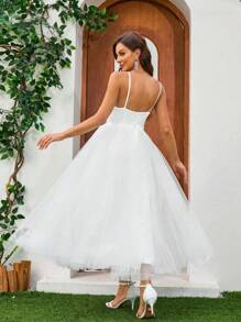 YUMIBRAVO Deep V Satin & Mesh Strap Wedding Dress, White Elegant Bridal Dress,Bride - White - View 7