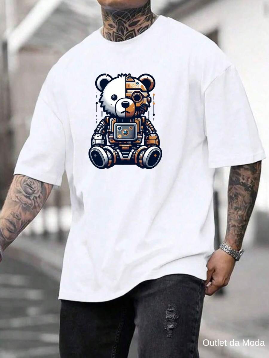 Men's Printed T-Shirt Robot Half Panda 100% Cotton Shirt - trắng - Xem 1