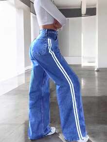 Jeans Striped Wide Leg Lines Pants Denim Women Wide Leg