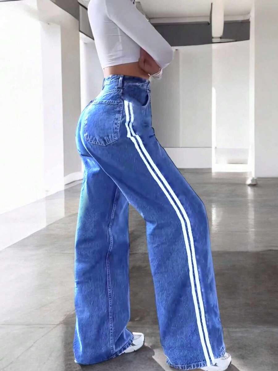 Jeans Striped Wide Leg Lines Pants Denim Women Wide Leg