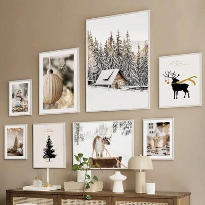1PC Zestaw Malarstwa Ściennego Boże Narodzenie Zima Bałwan Dom Jeleń Sosna Układ Płótno Malowanie Plakaty Nordyckie I Drukowanie Dekoracja Salonu Obrazy Ścienne Bez Ramy