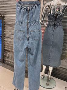 Kissmelady 8303 Women's Denim Jumpsuit Without Rips Long Jumpsuit 8303 - 中等水洗藍 - 查看 5