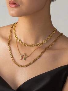 3 件套法式复古简约时尚精致锆石星形吊坠项链套装 - 金色 - 查看 2