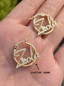 Pendientes de aro con nombre personalizados de acero inoxidable, diseño elegante en forma de corazón personalizado, regalo de joyería de moda para ella, aros con nombre de estilo bohemio vintage y lindo, perfectos para bodas y el Día de San Valentín