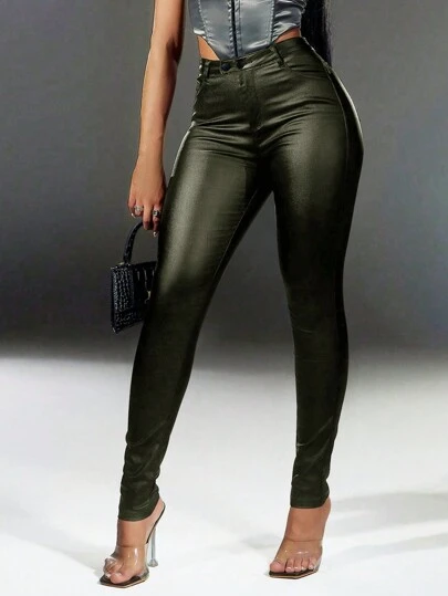 Apperloth A Pantalones ajustados con bolsillos en diagonal, cintura alta, doble botón, (PU) elástico y con corte de pierna estrecha, para música punk y festivales