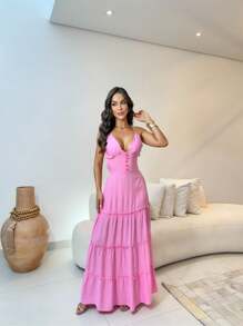 Long Summer Button Dress (0093) - Màu Hồng baby - Xem 1