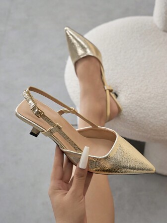 Women's Solid Color Pointed Toe Closed Toe Kitten Heel Pumps, Elegant & Comfortable For Daily Wear, Party, Outdoor, Commute, Autumn/Winter, Gold High Heels, Elegant