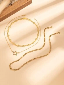 3 件套法式复古简约时尚精致锆石星形吊坠项链套装 - 金色 - 查看 5