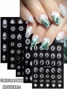 Miếng dán móng nghệ thuật Giáng sinh, Thiết kế sơn phun hình cây thông Noel hình bông tuyết trắng, Miếng dán móng tay họa tiết kẹo mút hình người đàn ông bánh gừng kiểu Pháp dành cho phụ nữ và trẻ em gái tự dán hoặc làm móng tại tiệm làm móng - trắng - Xem 1