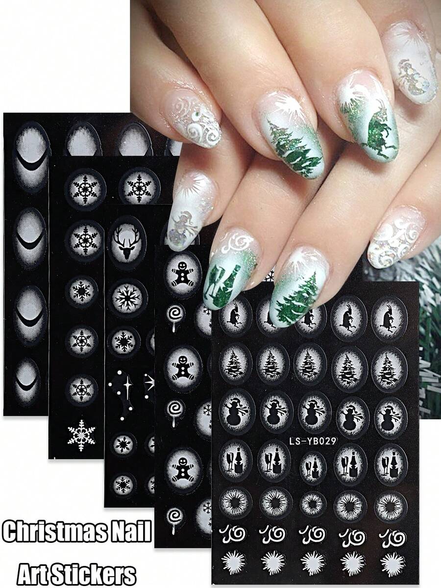Miếng dán móng nghệ thuật Giáng sinh, Thiết kế sơn phun hình cây thông Noel hình bông tuyết trắng, Miếng dán móng tay họa tiết kẹo mút hình người đàn ông bánh gừng kiểu Pháp dành cho phụ nữ và trẻ em gái tự dán hoặc làm móng tại tiệm làm móng - trắng - Xem 1