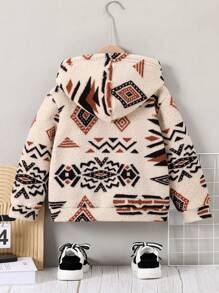 Young Boy Geometric Flocked Long Sleeve Thickened Fleece Hooded Sweatshirt, Casual Outdoor, Shopping, Suitable For Winter - Nhiều màu - Xem 2