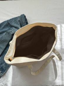 Corduroy Large Capacity Solid Color Minimalist Tote Bag School Tote Bag, School Bookbag, Portable, Foldable, Business Casual, Suitable For Teen Girls Women College Students, Teacher, Rookies & White-Collar Workers College, Vacation, Beach, Holiday, Shopping, Large School Tote Bag, Multiple Compartments, Perfect For Beach, School, Work & Daily Use, Literary School Bag For Teens, Book Bag For Women Or Students, Perfect For Books, Shopping, Back To School And More, School Supplies, School Bag, School Handbag, Back To School Bags, Lightweight, Classic Casual, Perfect For Back To School, First Day Of School, Middle School, High School, Perfectly Matching With Fall Outfits Women - Beige - View 9