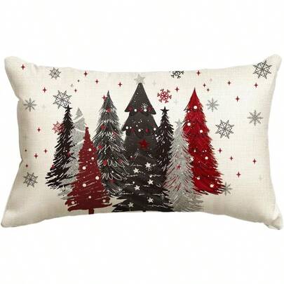 1pc Xmas Decor Red And Black Merry Christmas Trees Snowflake Throw Pillow Cover, Seasonal Winter Holiday Cushion Case Decoration For Sofa Couch