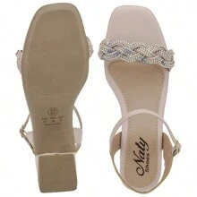 Sandals 41,42,43 Medium Thick Heel Everyday Rhinestone Square Toe Casual Shiny - 淺粉色 - 查看 5