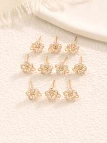 10pcs/Set Cubic Zirconia Flower Design DIY Earrings Base Valentines - Gold - View 3