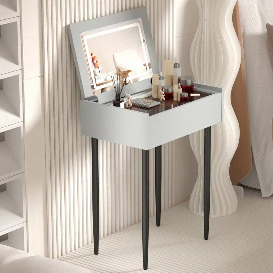 SLSY Small Vanity Desk With Flip Top Lighted Mirror 2 In 1 Makeup