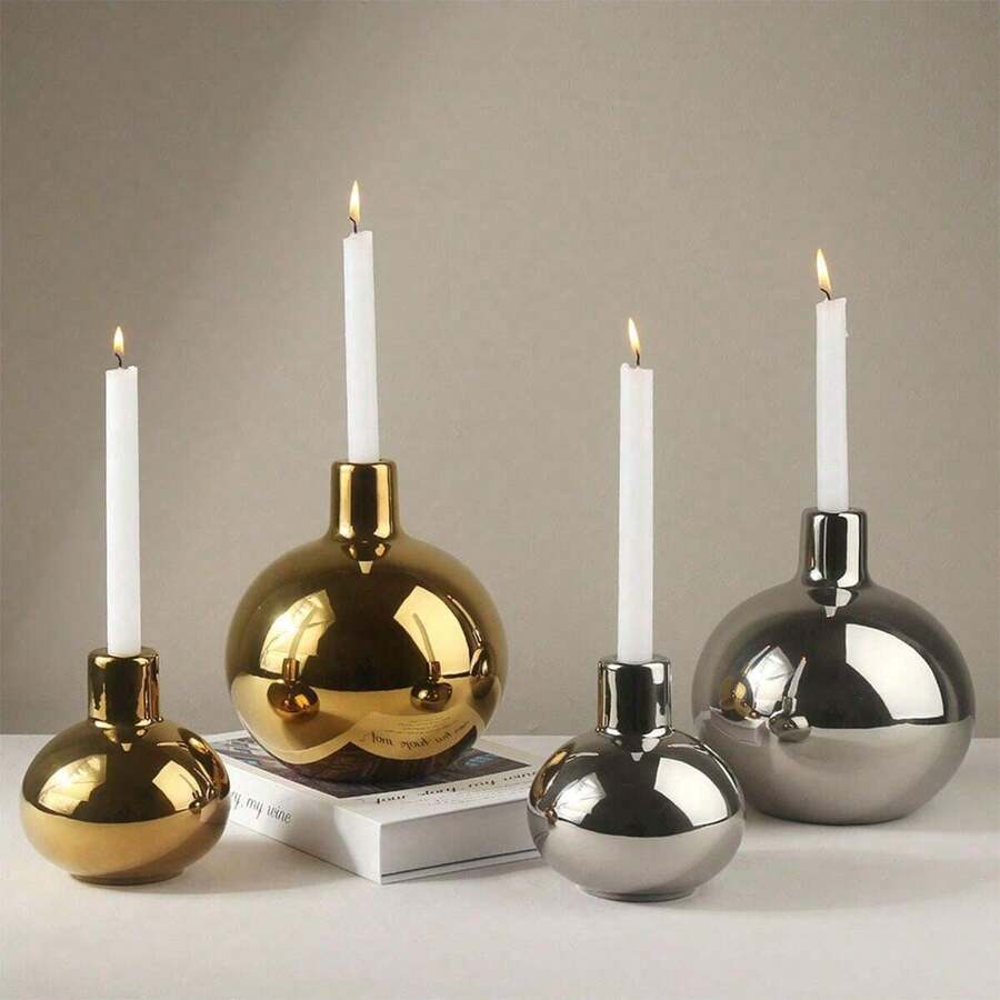 圣诞装饰艺术烛台 - 独特而引人注目的艺术烛台，金色/银色球形烛台，金色陶瓷烛台，适合桌面中心装饰，稳定的现代装饰烛台，适合家庭、派对、婚礼、圣诞装饰 - 彩色 - 查看 1