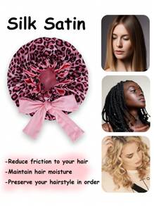 1 pieza Gorro reversible de satén forrado para mujer, gorro para dormir de unicolor suave y transpirable con estampado de leopardo de doble capa, para el cuidado del cabello, uso cómodo para todos los días