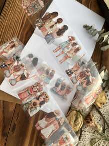 50mm*2M Waterproof Retro Human Figure PET Decor Washi Tape, Cute Girl Diary Scrapbook Craft Masking Tape For Decor And Layering Back To School