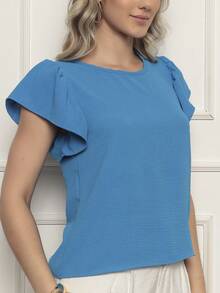 ALETHEIA - SHORT SLEEVE BLOUSE WITH FLUID SLEEVE IN DUNAS AIR FLOW FABRIC, LIGHT, FRESH AND BREATHABLE - WOMEN'S BLOUSES - 水鴨藍 - 查看 5