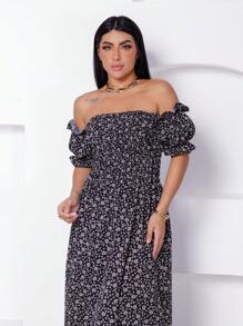 Long Dress With Puffed Sleeves And  Print - màu đen - Xem 5