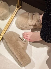 2026新款女式冬季厚底包頭毛絨拖鞋，秋季新款仙女風小巧鬆弛增高厚底拖鞋，卡其色家居拖鞋，附皮帶扣，毛絨 - 卡其色 - 查看 2