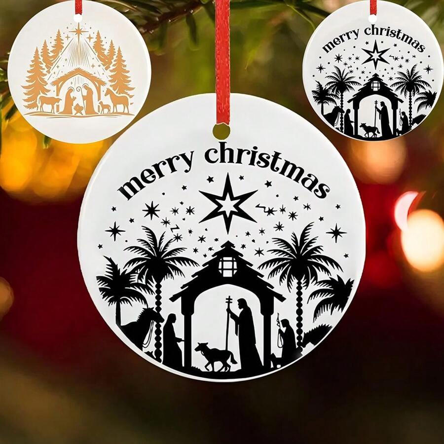 1 件金色耶稣降生场景陶瓷吊坠，可定制文字圣诞节和洗礼装饰，非常适合家庭和派对