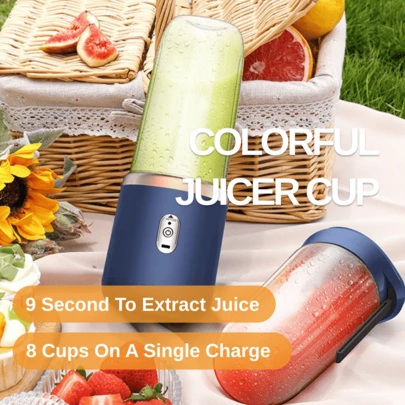 1个400毫升无线便携式电动榨汁搅拌机，USB充电迷你果汁搅拌机，配备6个刀片和双杯，多功能榨汁搅拌机，适合家庭或户外厨房食品加工，非常适合制作蔬菜、水果和奶昔。