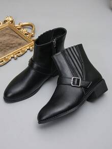 时尚靴子,简约舒适,黑色踝靴,户外和日常,后拉链靴,外贸大码36-43,低跟,尖头,黑色PU鞋面,女式踝靴和短靴,适合秋冬季 - 黑色 - 查看 8