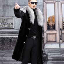 Casaco de pele sintética masculino, sobretudo longo e leve casual com gola grossa de pele de raposa prateada, design de marca de moda de luxo