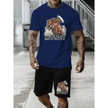 Basic T-Shirt Set Hands With Money (FRONT) Men's Women's Cotton Shirt Reinforced Stitching Unisex StreetWear + Bermuda Sweatshirt Hands With Money (BAR) Men's Shorts Workout Gym Sport Fitness Casual With Pocket - 藏蓝色 - 查看 3