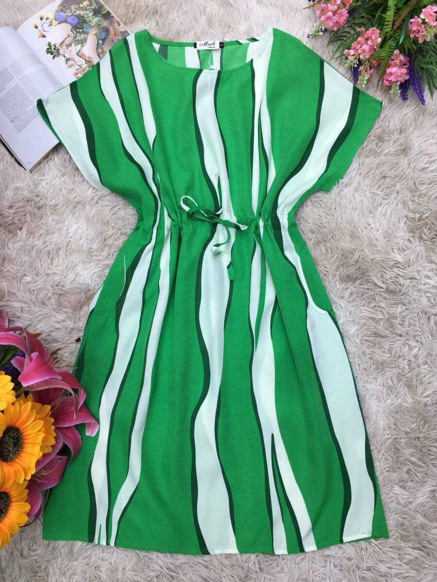 Loose Printed Dress, With Drawstring, Has Pockets. - 綠色 - 查看 1
