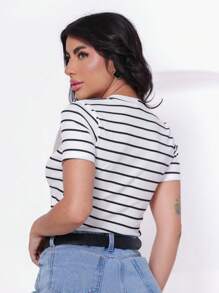 BIA Elegant Striped Short Sleeve Blouse For Summer REBANA - 白色 - 查看 3