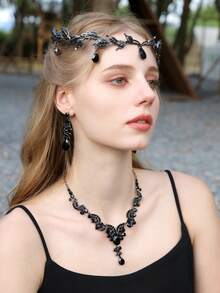 4 件复古优雅皇冠首饰套装，水晶莱茵石女王皇冠项链和耳环，新娘婚礼发饰，派对节日头饰 - 多色 - 查看 5