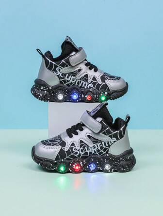 时尚 LED 照明蜘蛛皮革透气运动鞋，适合男孩和女孩 - 休闲、减震、四季防滑户外跑步和步行鞋