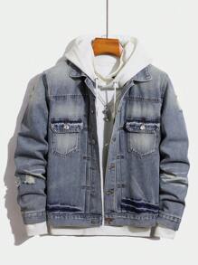 1 件中度洗涤做旧修身男士牛仔夹克，时尚街头风格 - 中等水洗藍 - 查看 1